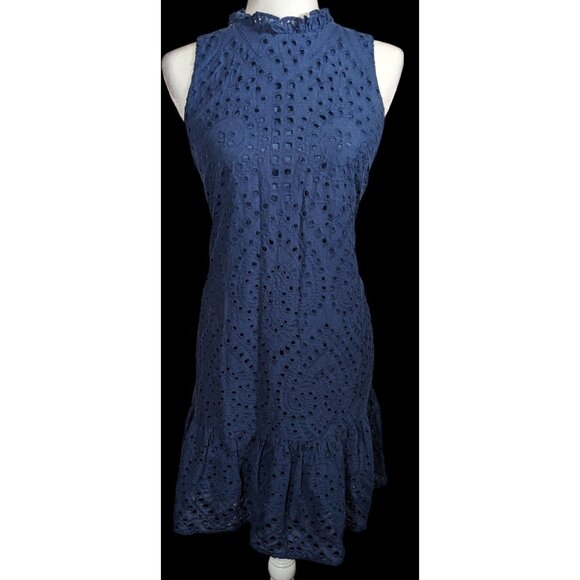 Julia Jordan Eyelet Dress Navy Blue With Ruffled Edge - Picture 1 of 6